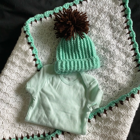 Other - Handmade Crochet 3 Piece Baby Set Mint Green and Whote